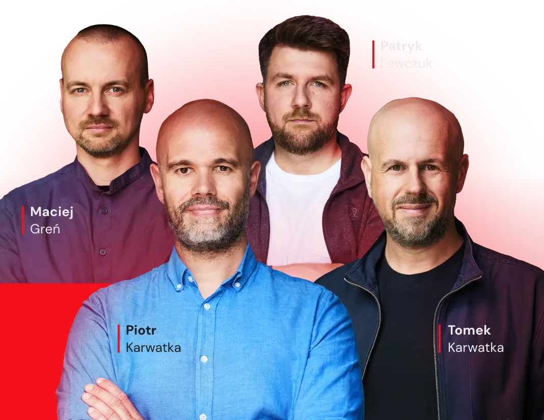 Piotr Karwatka, Tomek Karwatka, Patryk Lewczuk i Maciej Greń - prowadzący programu Twój zespół + AI